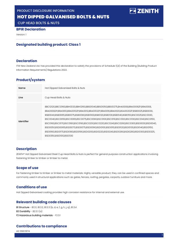 BPIR – ZENITH Hot Dipped Galvanised Bolts & Nuts – Cup Head Bolts & Nuts