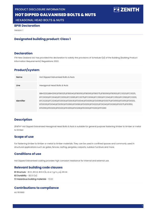 BPIR – ZENITH Hot Dipped Galvanised Bolts & Nuts – Hexagonal Head Bolts & Nuts