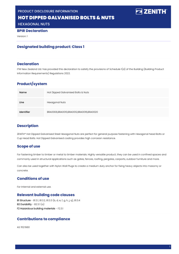 BPIR – ZENITH Hot Dipped Galvanised Bolts & Nuts – Hexagonal Nuts