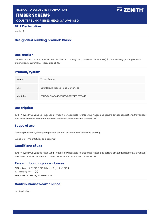 BPIR – ZENITH Timber Screws Countersunk Ribbed Head Galvanised