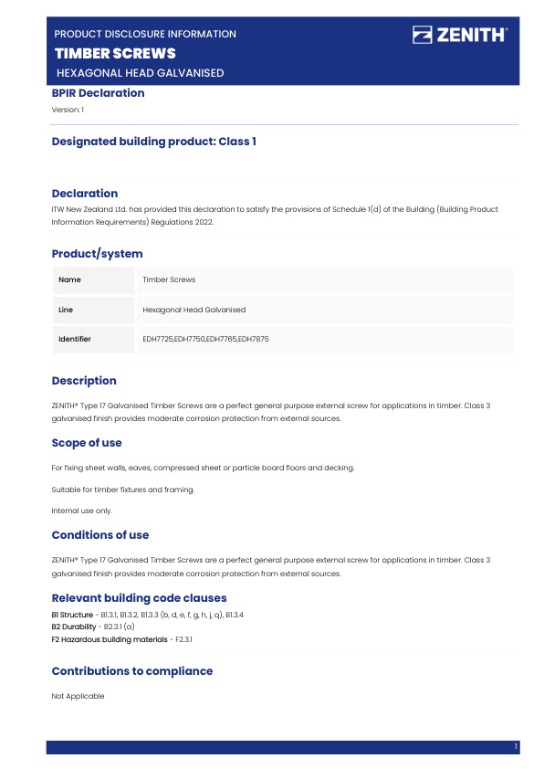 BPIR – ZENITH Timber Screws Hexagonal Head Galvanised