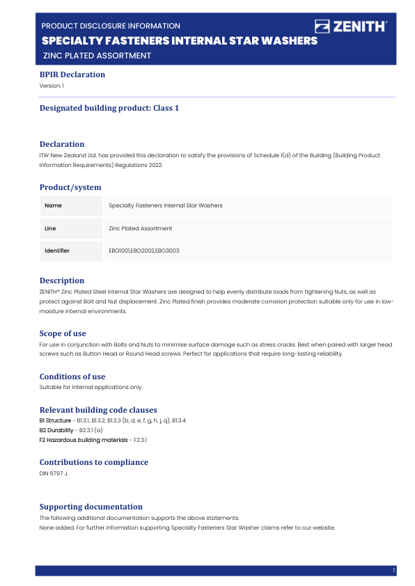 BPIR – ZENITH Speciality Fasteners – Internal Star Washers Zinc Plated Assortment