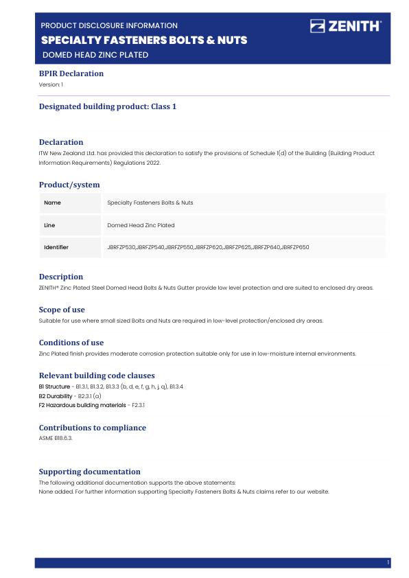 BPIR – ZENITH Speciality Fasteners – Bolts & Nuts Domed Head Zinc Plated