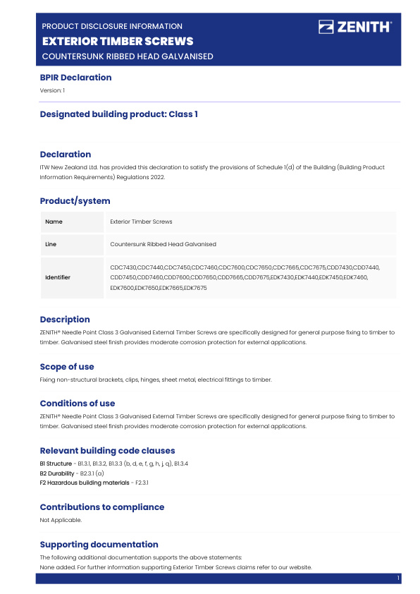 BPIR – ZENITH Exterior Timber Screws Countersunk Ribbed Head Galvanised