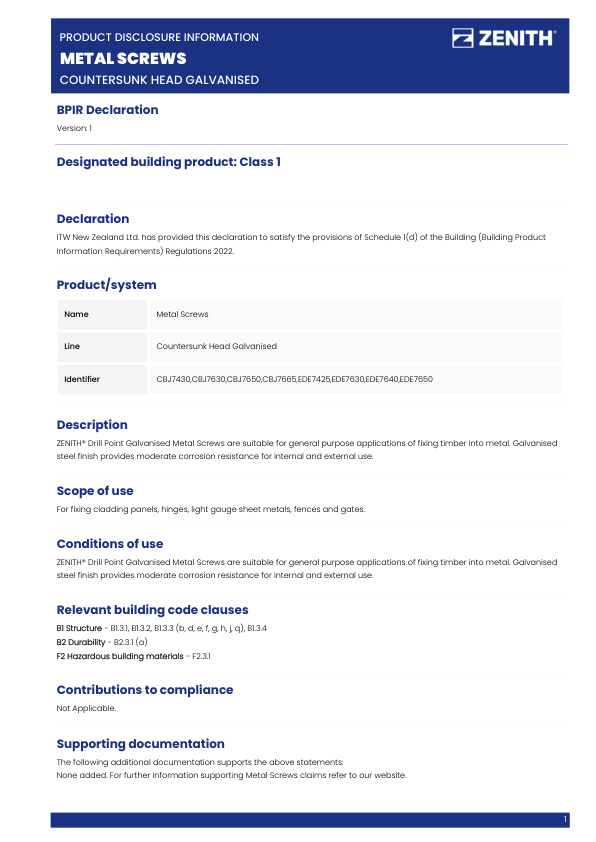 BPIR – ZENITH Metal Screws Countersunk Head Galvanised