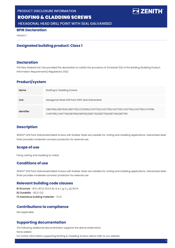 BPIR – ZENITH Roofing & Cladding Screws Hexagonal Head Drill Point With Seal Galvanised